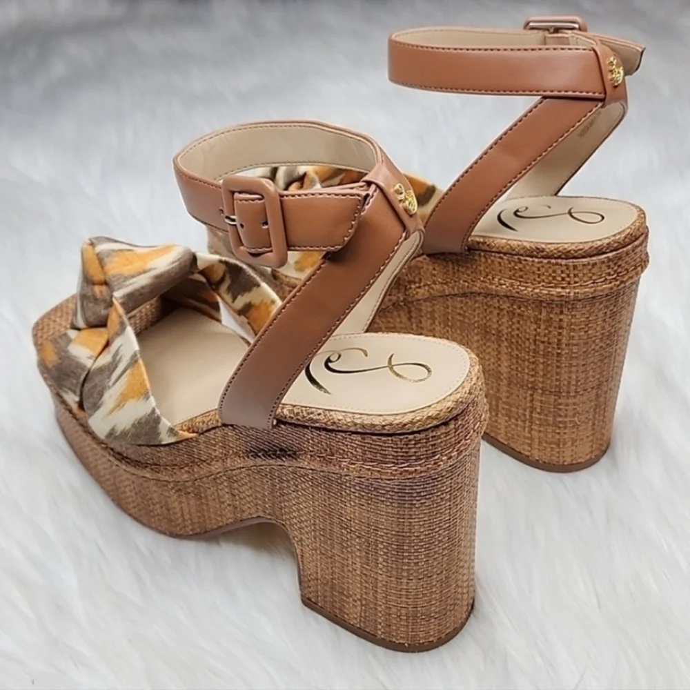 Sam Edelman Theresa Leather Platform Sandal Heels Grey Multi